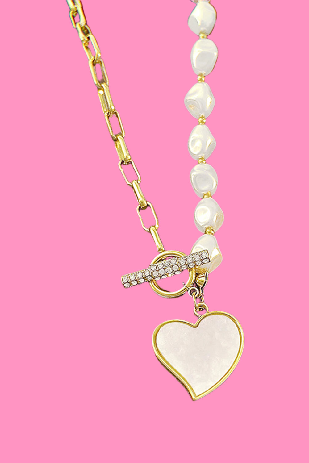 Gold Heart Shape Pendant Rhinestone Pearl Chain Necklace