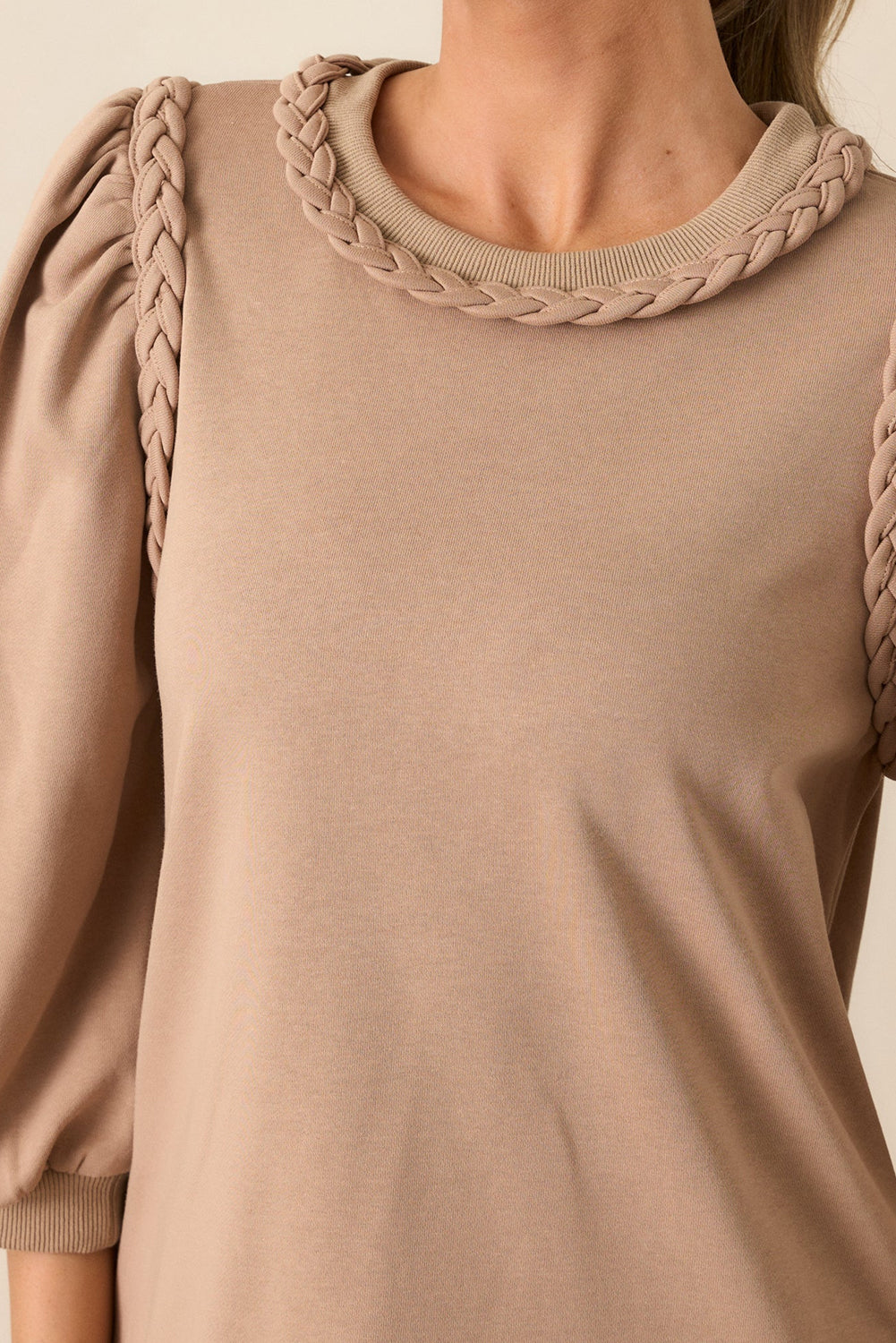 Beige Twist Braided Puff Sleeve Dress