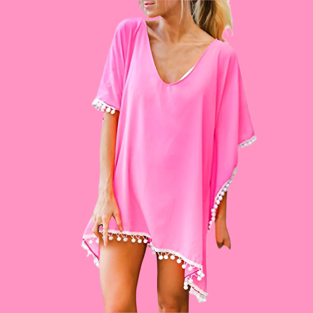 Elegant Chiffon Tassel Beach Cover-Up – Fur Ball Accent, Loose Fit, Sun-Kissed Style