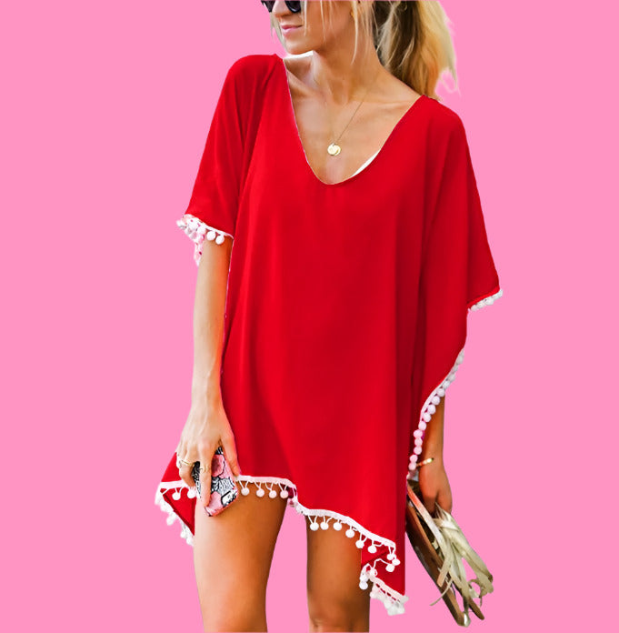 Elegant Chiffon Tassel Beach Cover-Up – Fur Ball Accent, Loose Fit, Sun-Kissed Style
