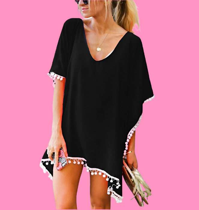 Elegant Chiffon Tassel Beach Cover-Up – Fur Ball Accent, Loose Fit, Sun-Kissed Style