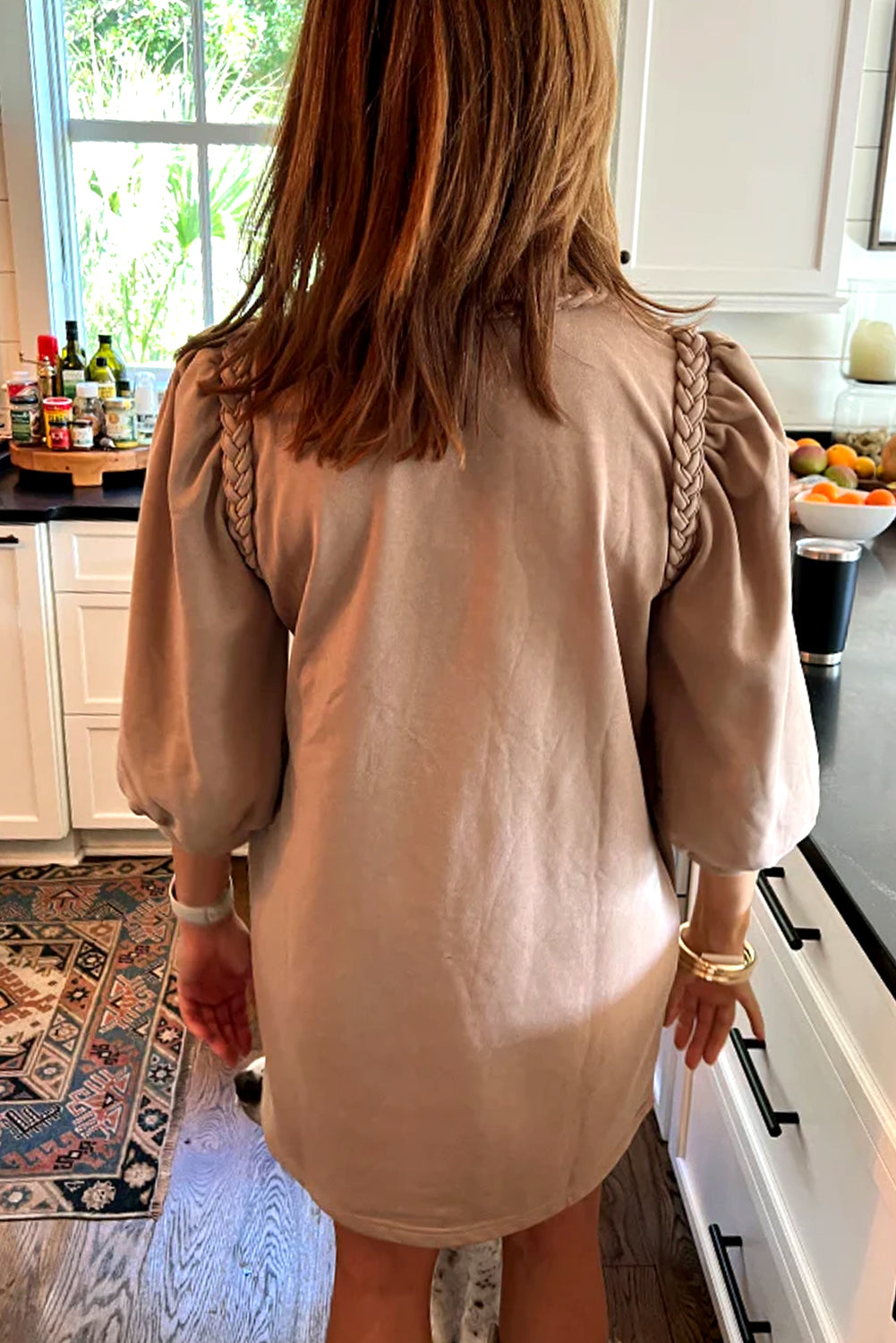 Beige Twist Braided Puff Sleeve Dress