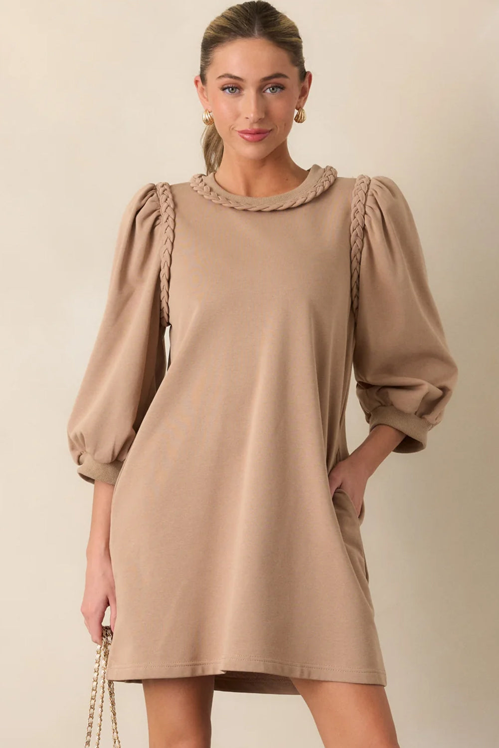 Beige Twist Braided Puff Sleeve Dress