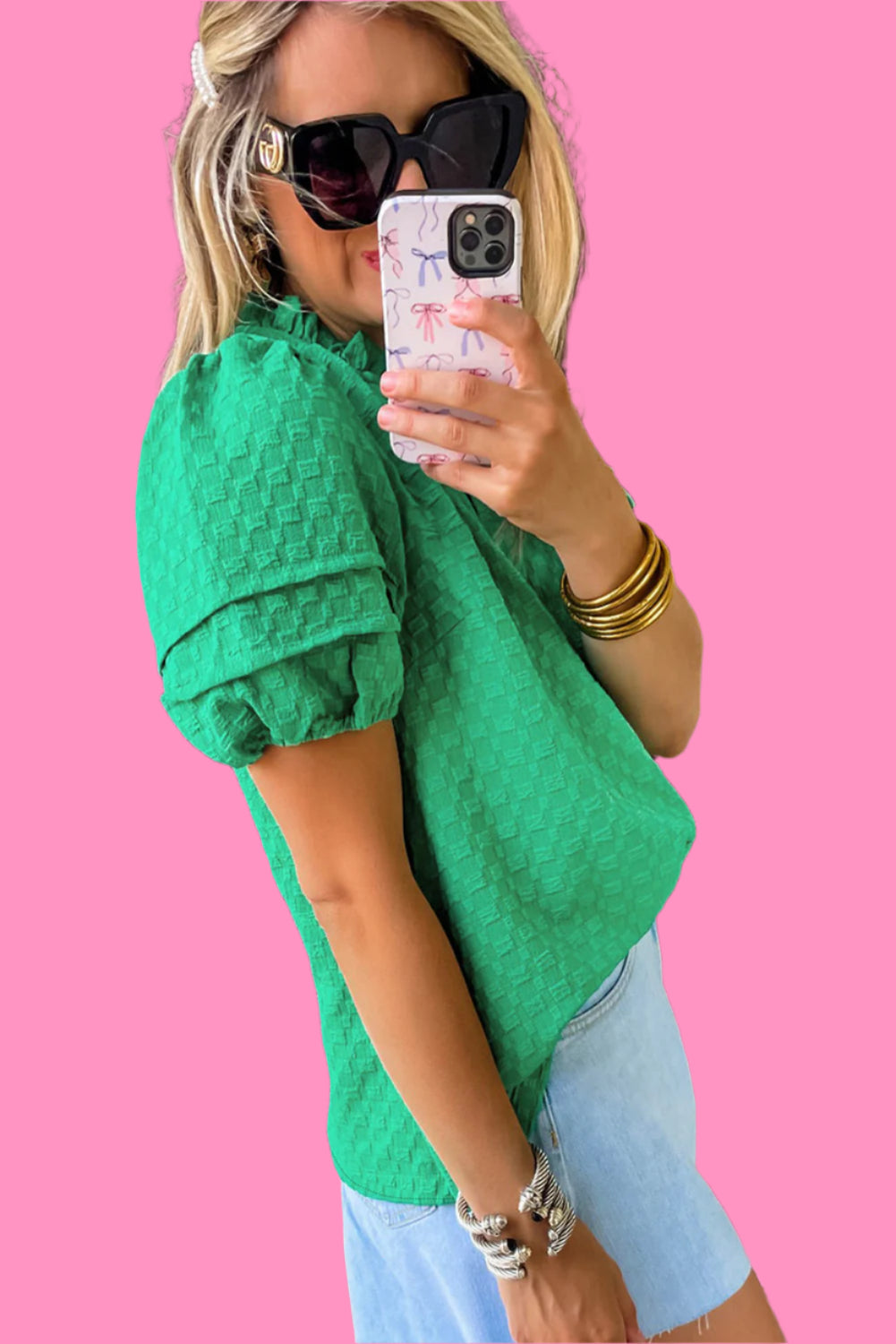 Bright Green Textured Puff Short Sleeve Notched V Neck Top