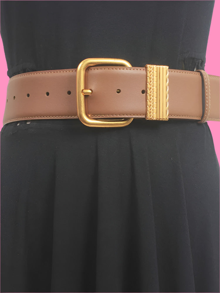 Vintage Gold Needle Buckle Slim Cowhide Belt – Simple & Elegant Genuine Leather