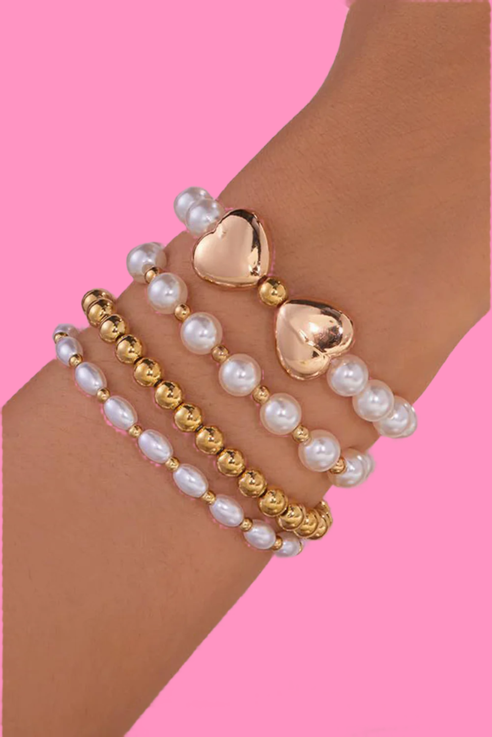 Gold Pearl Stackable Heart Beaded Bracelet Set