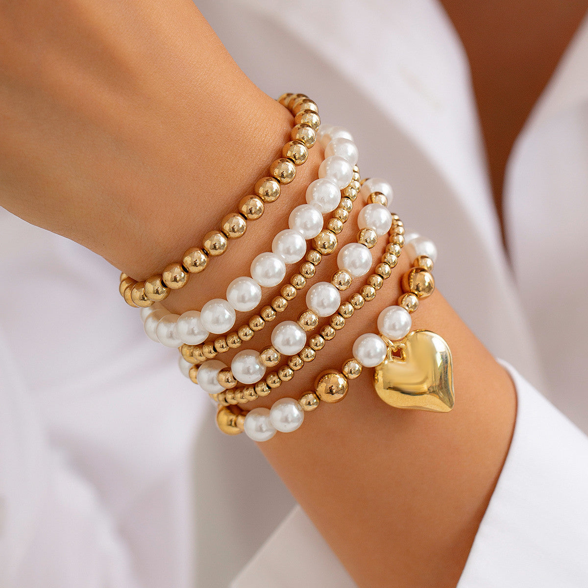 Gold Pearl Stackable Bracelets for Women Cross Pearl Bracelets Gold Beaded Bracelets Multi Layer Pearl Stretch Bracelets Dainty Pearl Bracelet Jewelry
