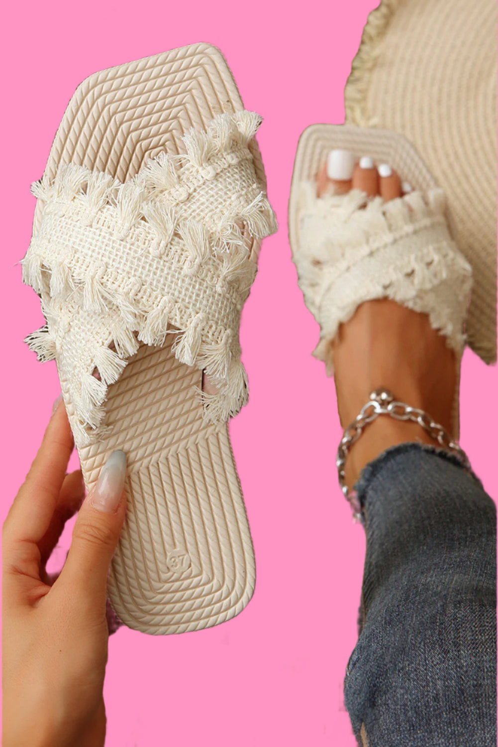 Beige Tassel Woven Crossed Straps Flat Slides Shoes