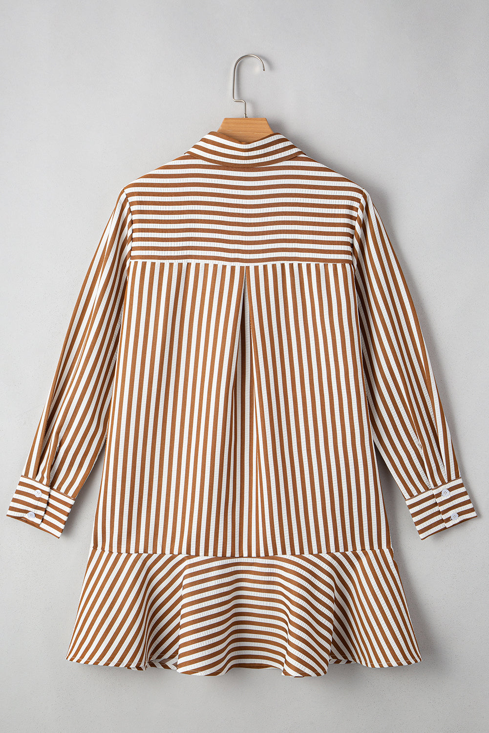 Brown Stripe Ruffle Hem Collared Dress