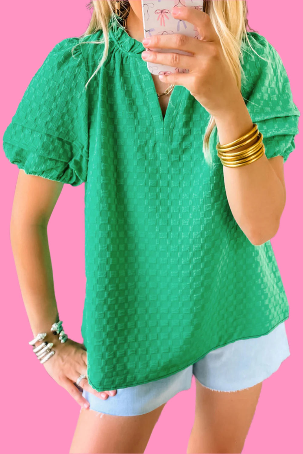 Bright Green Textured Puff Short Sleeve Notched V Neck Top