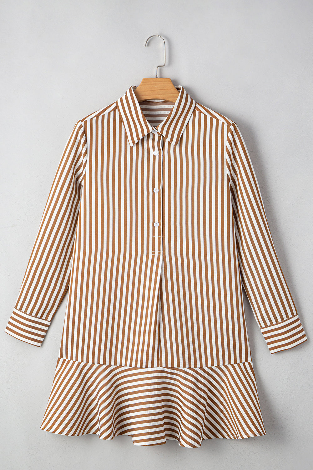 Brown Stripe Ruffle Hem Collared Dress