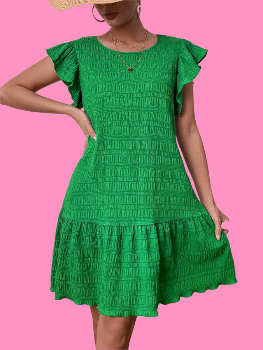 Textured Round Neck Ruffle Dress