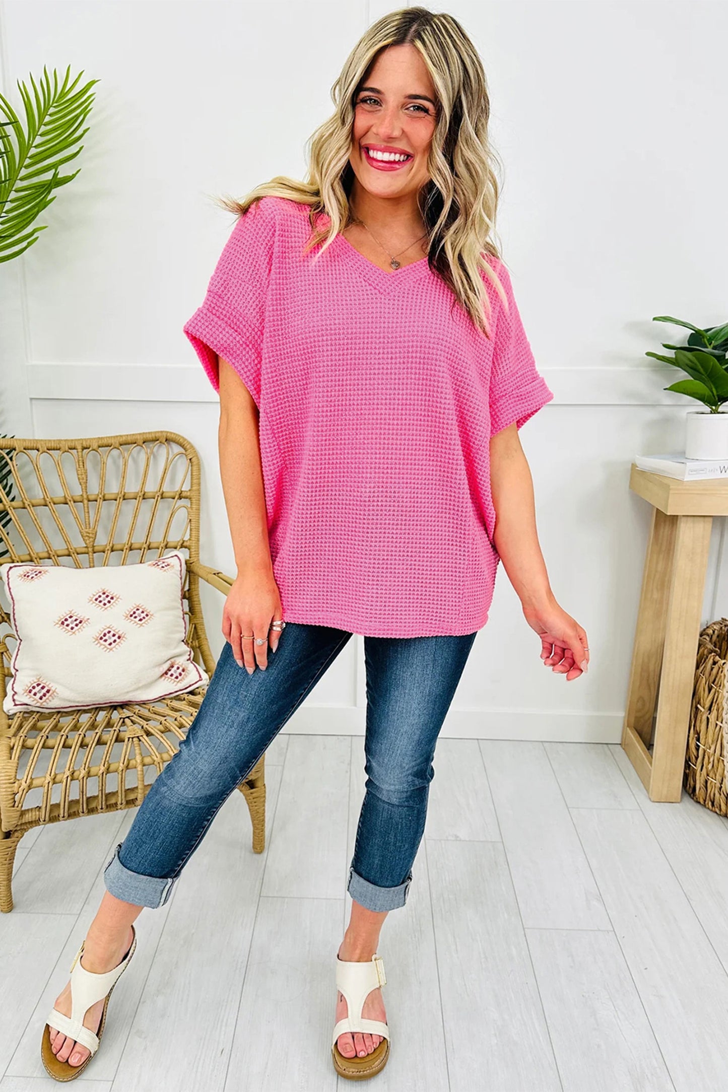 Wisteria Waffle V Neck Short Sleeve Knit Top