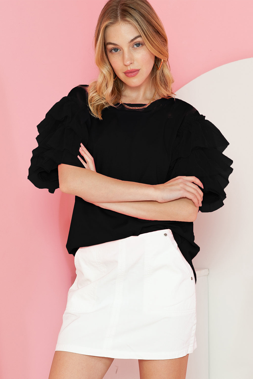 Round Neck Ruffle Sleeve Blouse