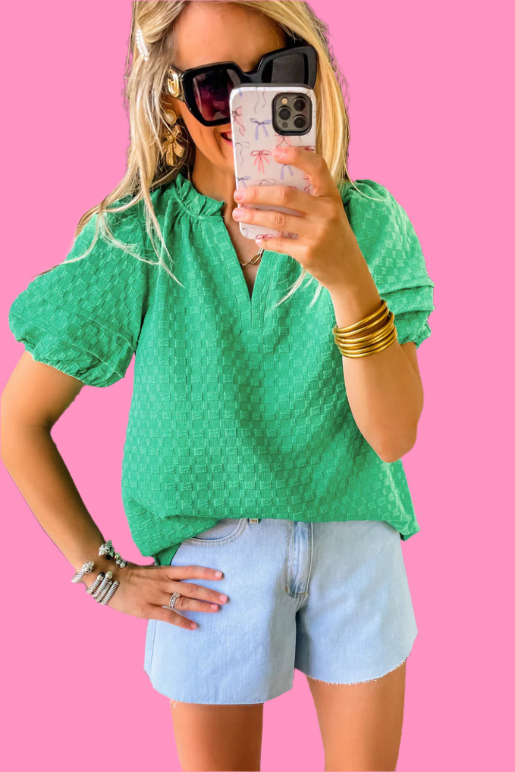 Bright Green Textured Puff Short Sleeve Notched V Neck Top