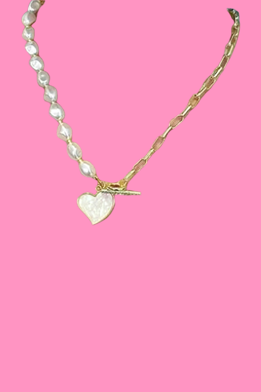Gold Heart Shape Pendant Rhinestone Pearl Chain Necklace