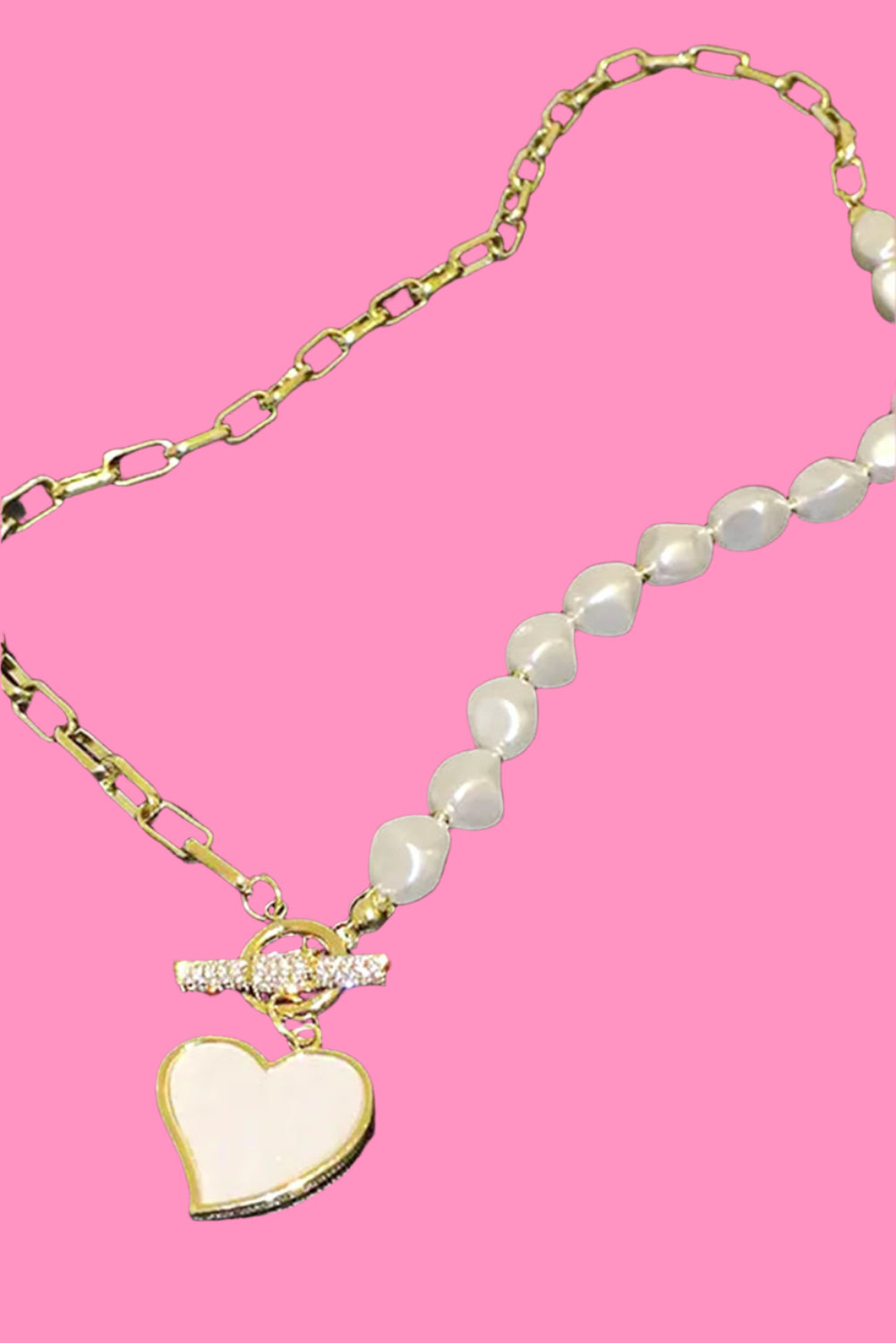 Gold Heart Shape Pendant Rhinestone Pearl Chain Necklace