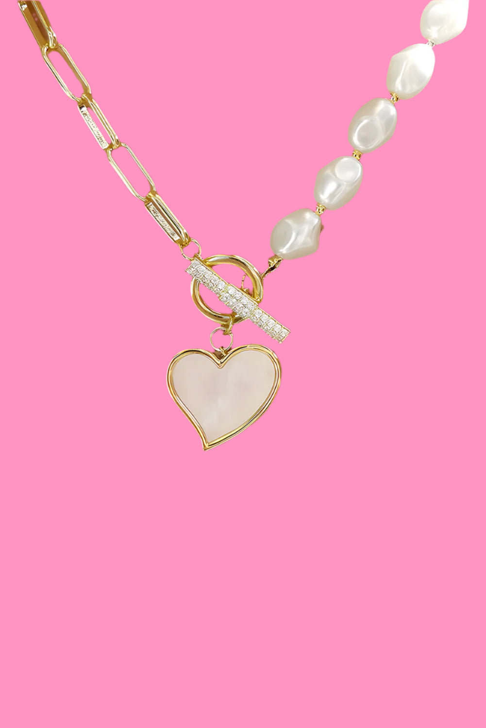 Gold Heart Shape Pendant Rhinestone Pearl Chain Necklace