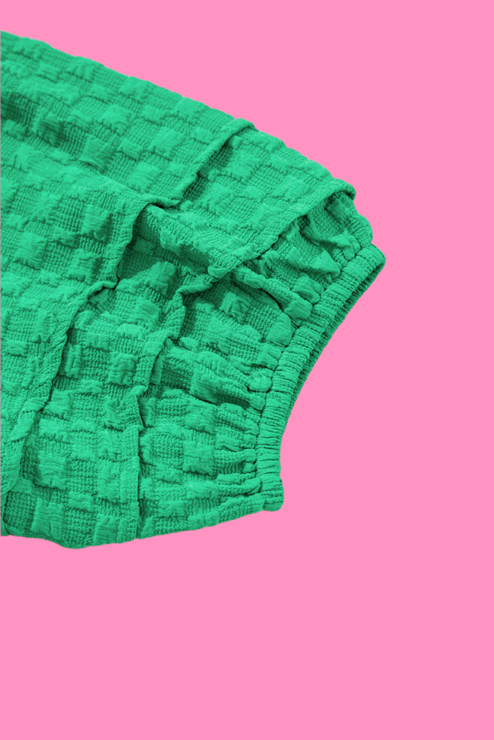 Bright Green Textured Puff Short Sleeve Notched V Neck Top