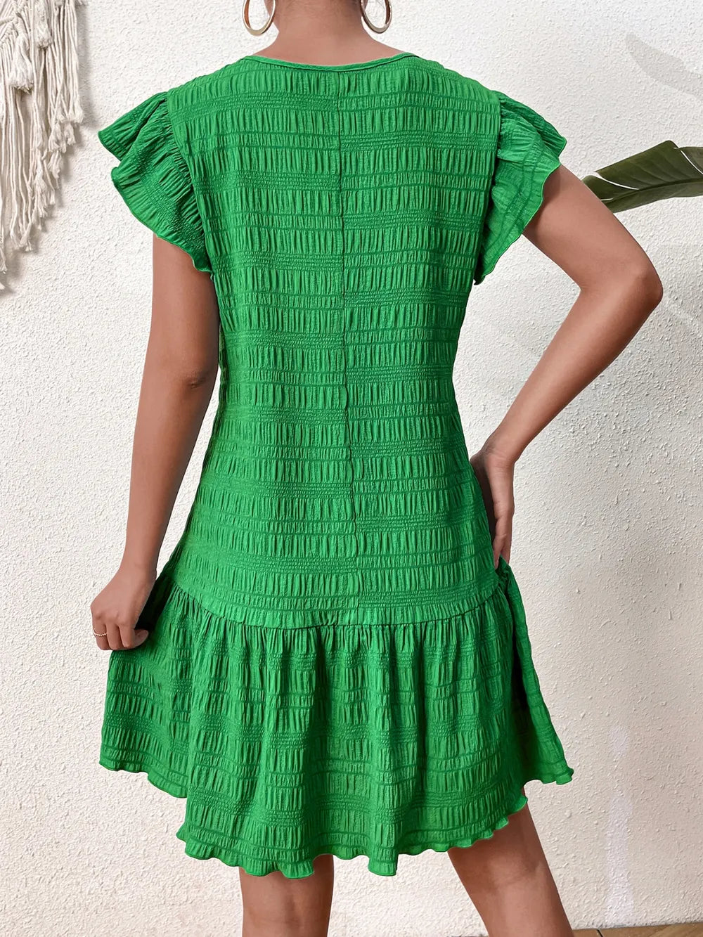 Textured Round Neck Ruffle Dress