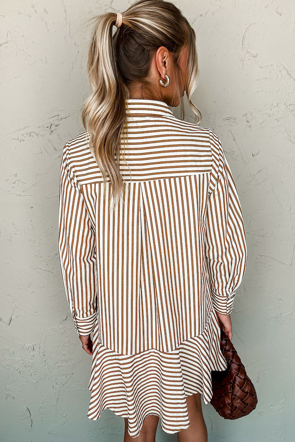 Brown Stripe Ruffle Hem Collared Dress