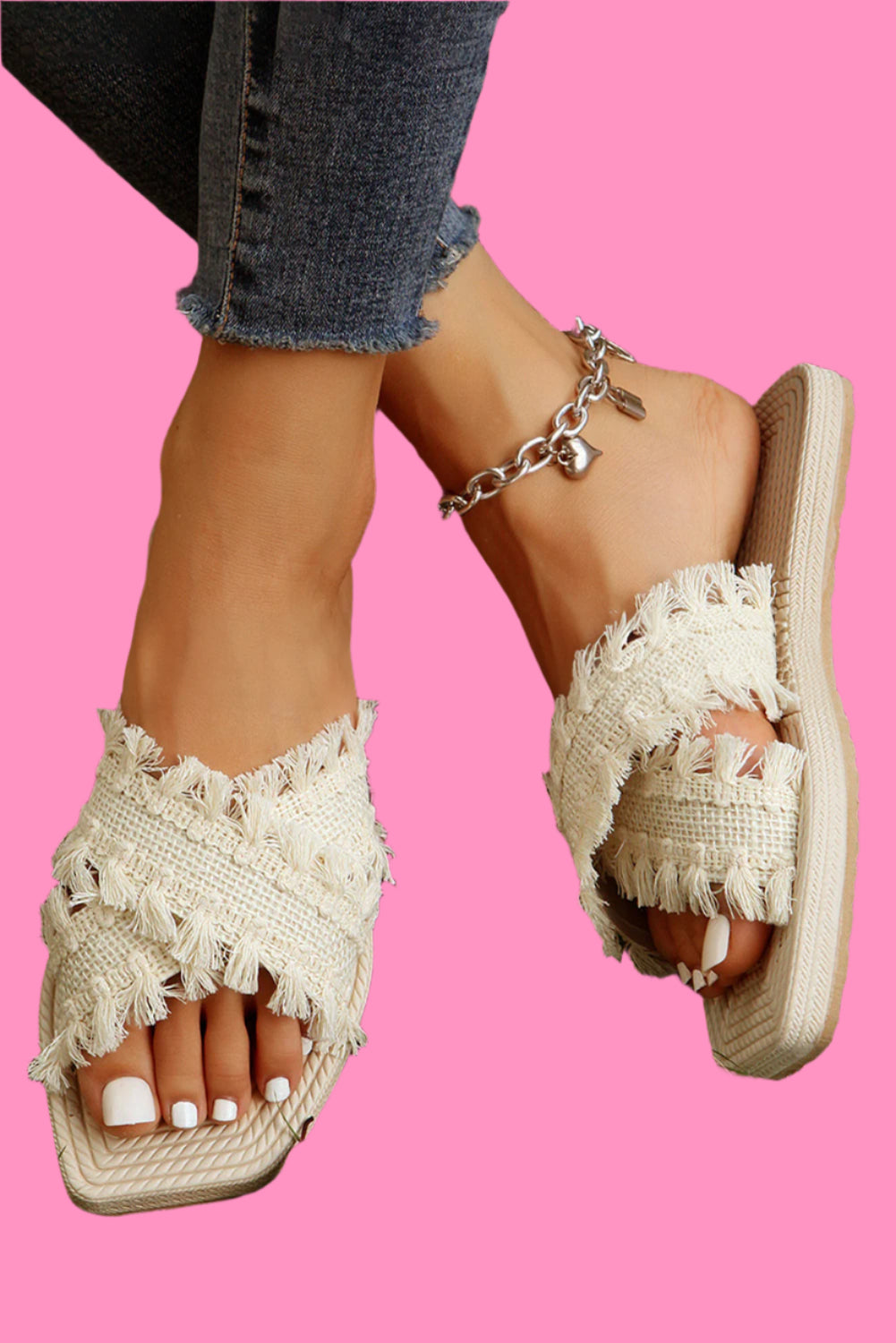 Beige Tassel Woven Crossed Straps Flat Slides Shoes