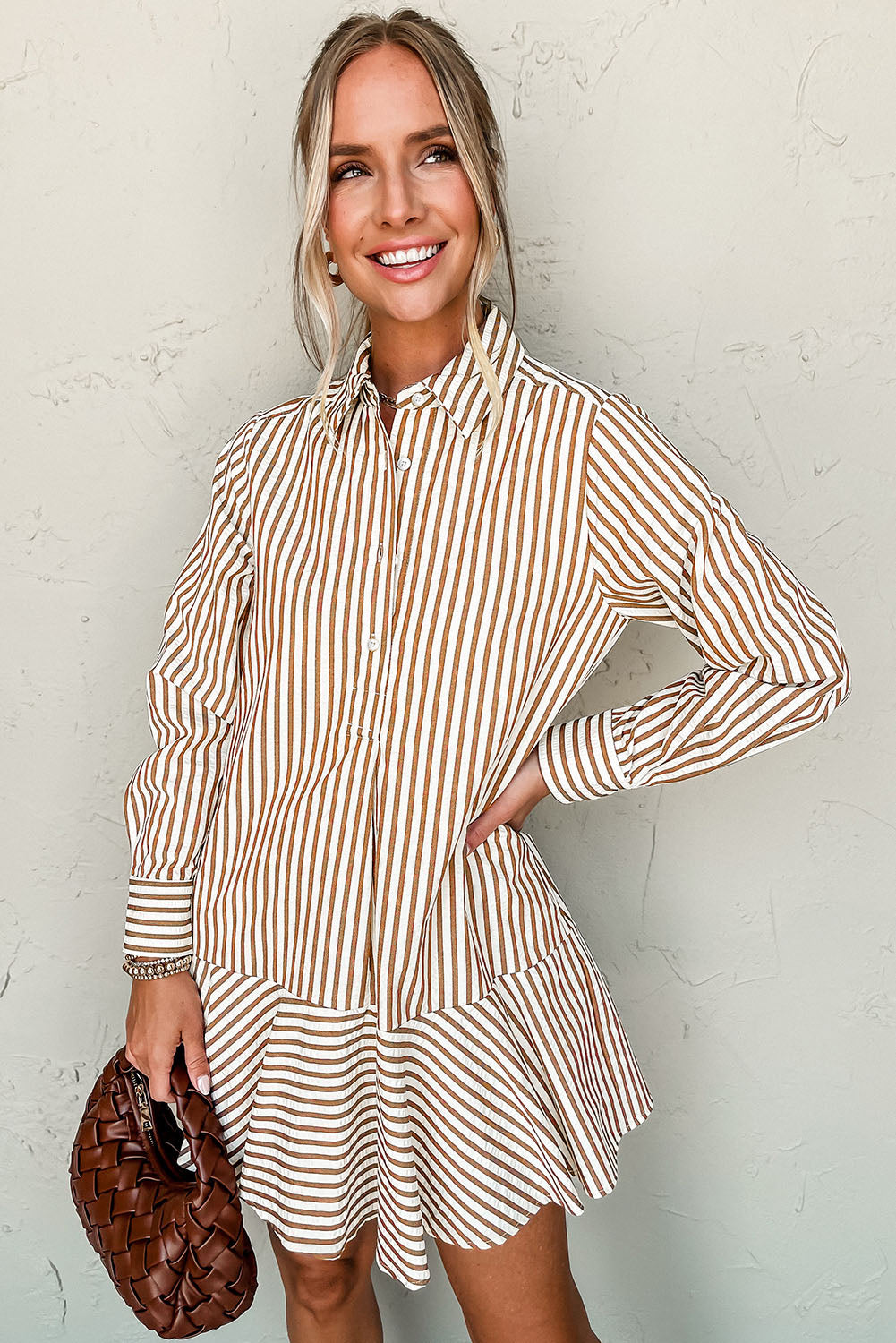 Brown Stripe Ruffle Hem Collared Dress