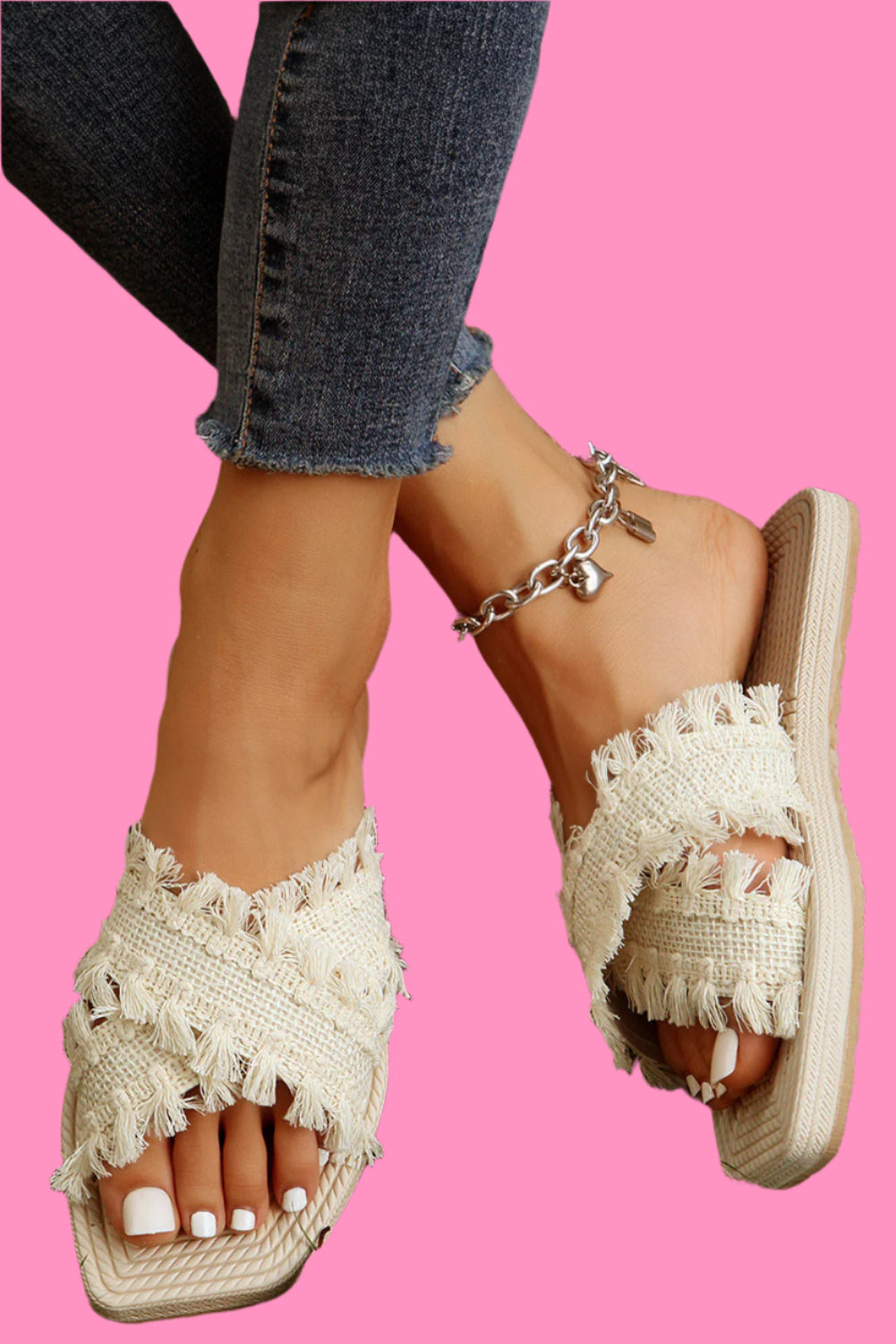 Beige Tassel Woven Crossed Straps Flat Slides Shoes
