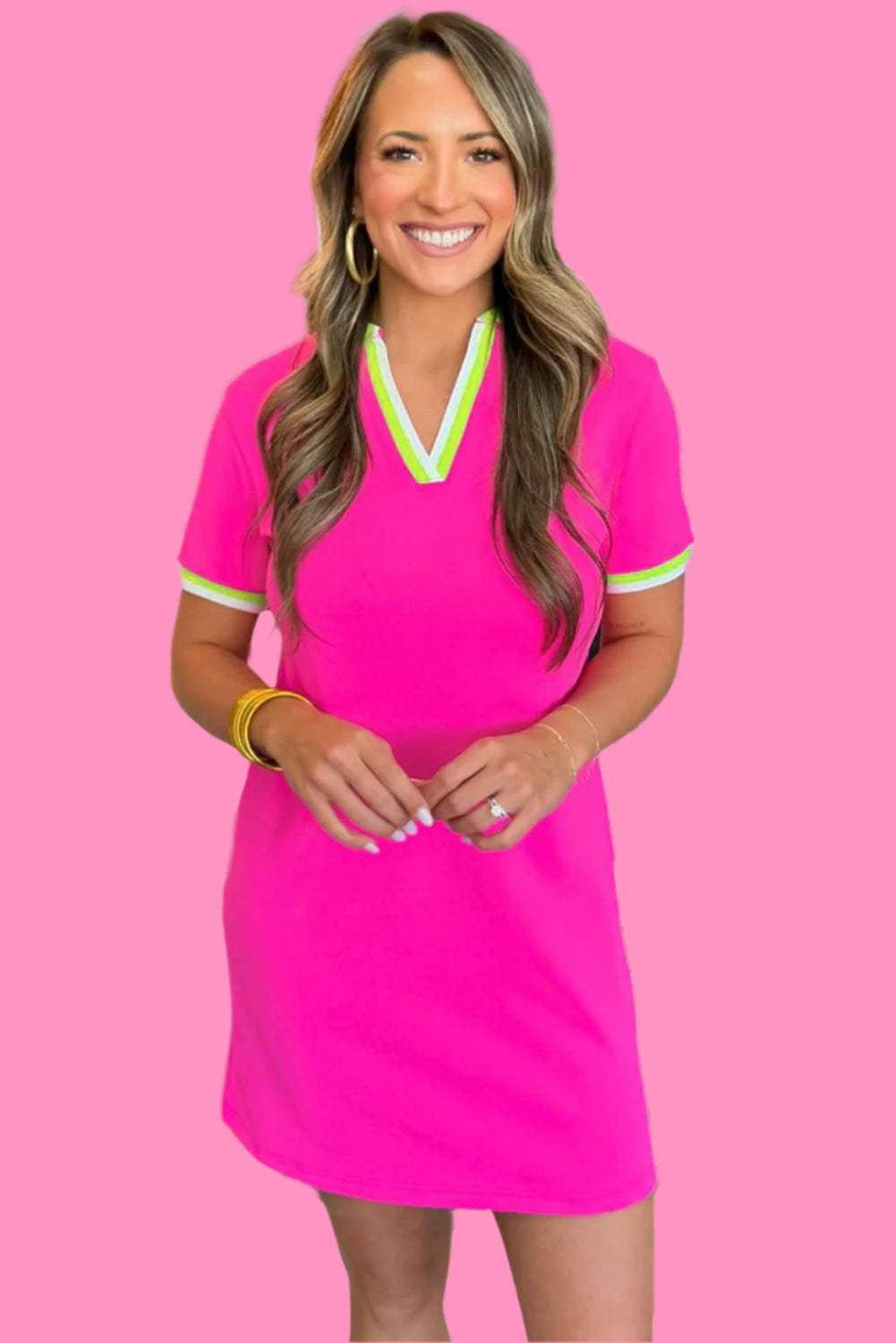 Rose Red Contrast Trim V Neck T-shirt Dress