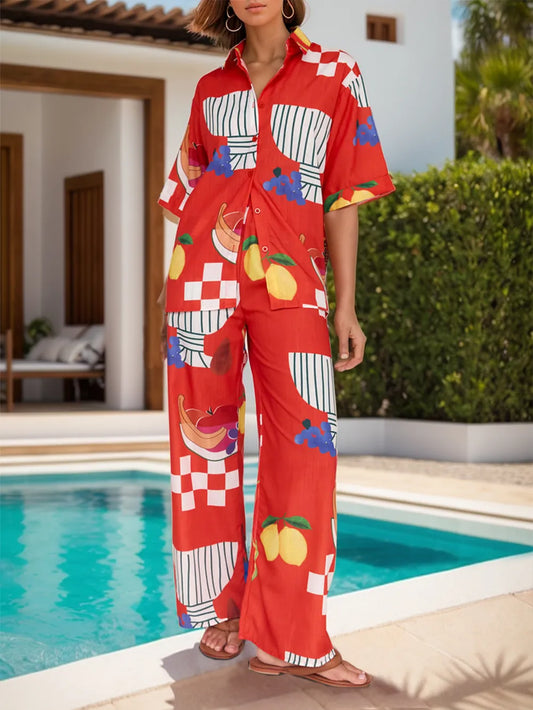 Printed Wide Leg Pants Set