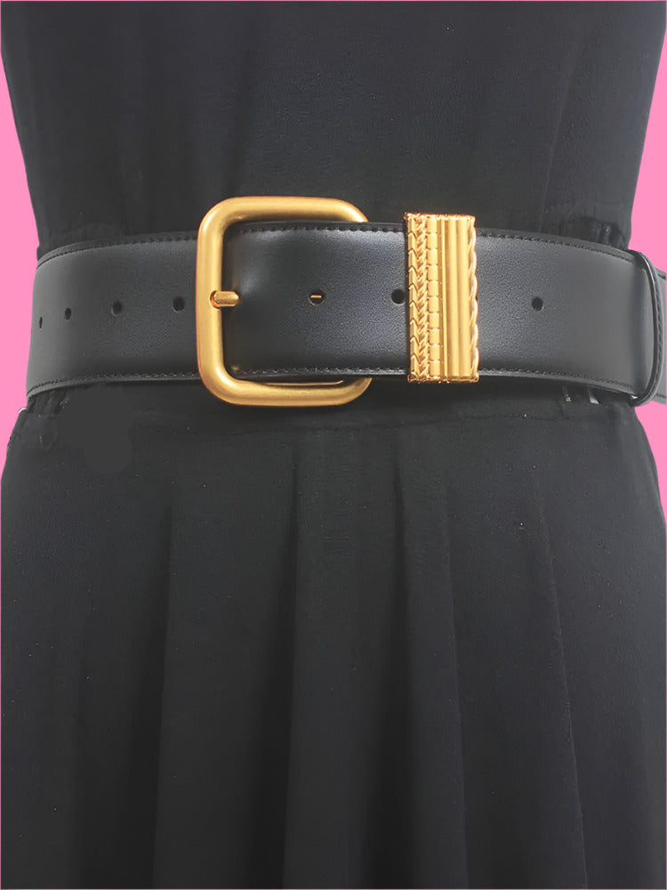 Vintage Gold Needle Buckle Slim Cowhide Belt – Simple & Elegant Genuine Leather