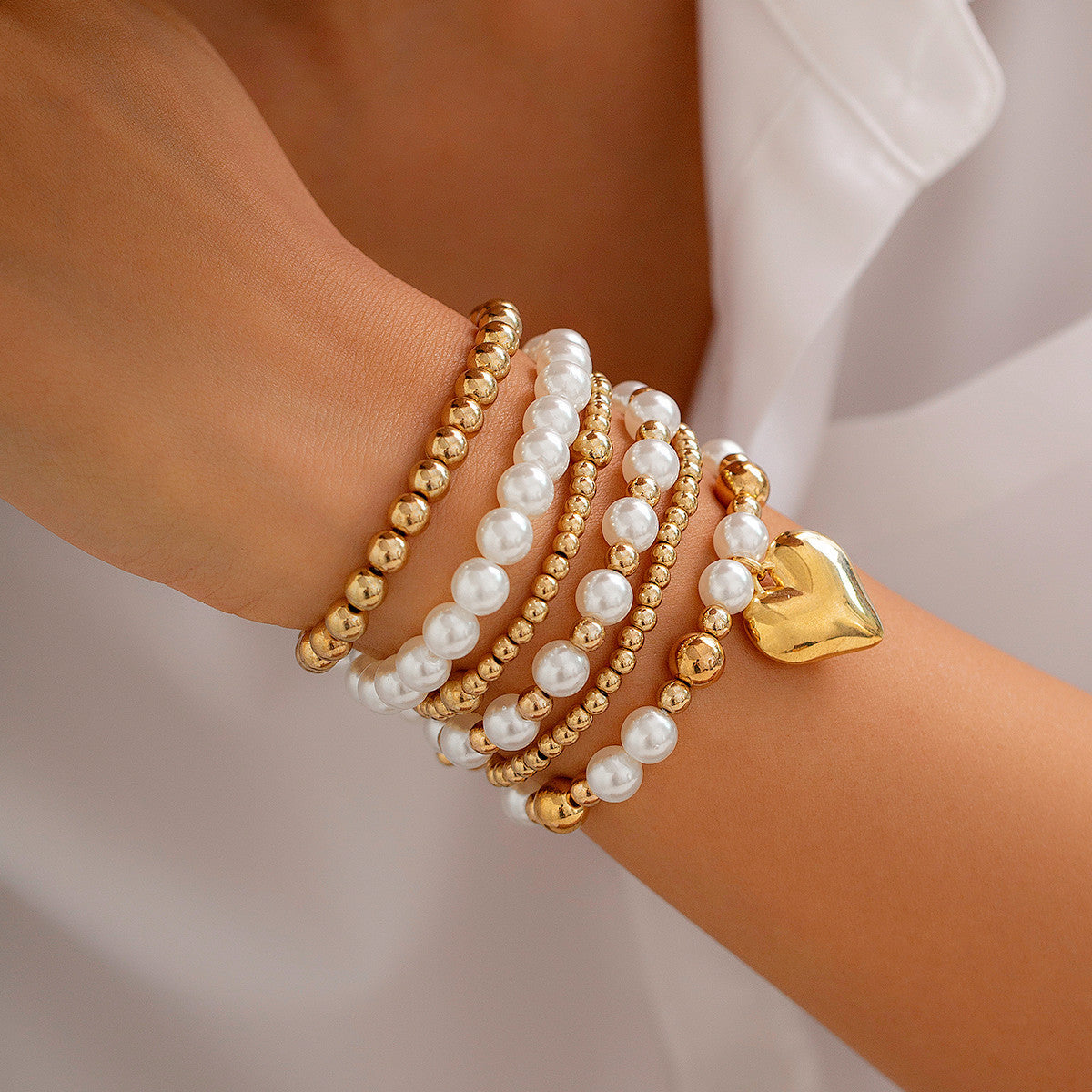Gold Pearl Stackable Bracelets for Women Cross Pearl Bracelets Gold Beaded Bracelets Multi Layer Pearl Stretch Bracelets Dainty Pearl Bracelet Jewelry