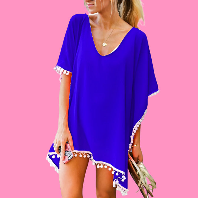Elegant Chiffon Tassel Beach Cover-Up – Fur Ball Accent, Loose Fit, Sun-Kissed Style