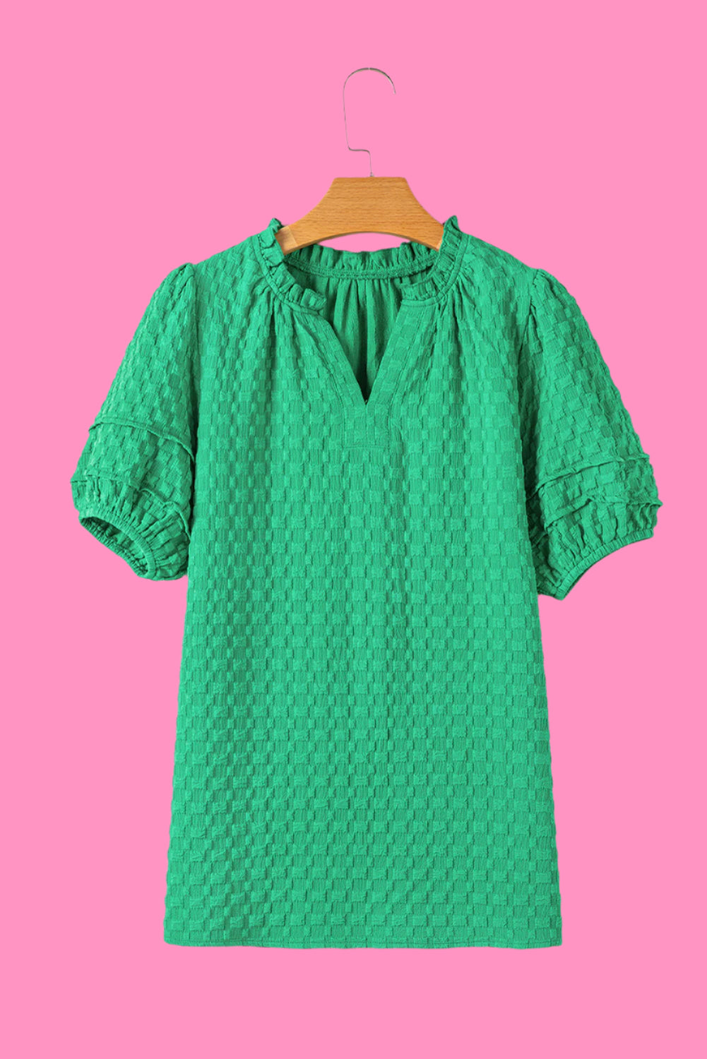 Bright Green Textured Puff Short Sleeve Notched V Neck Top