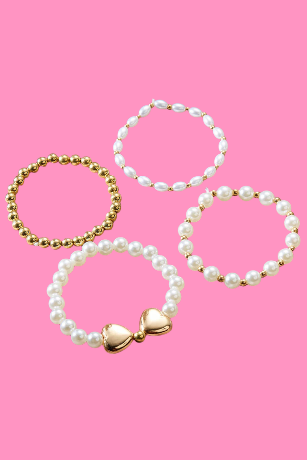 Gold Pearl Stackable Heart Beaded Bracelet Set