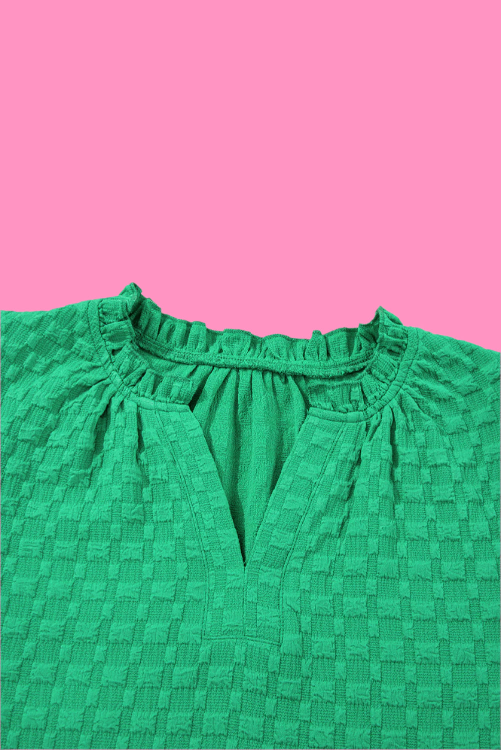 Bright Green Textured Puff Short Sleeve Notched V Neck Top