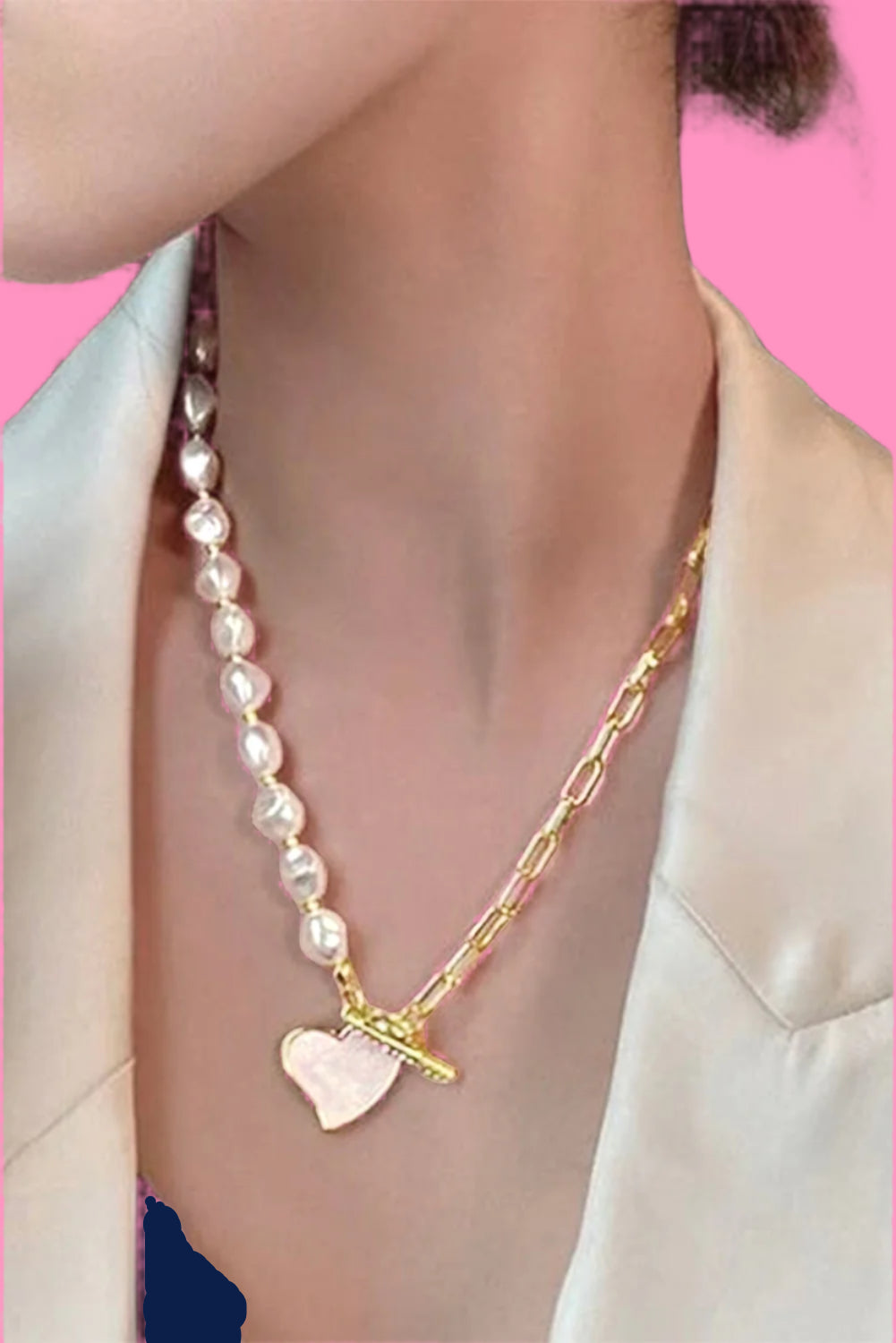 Gold Heart Shape Pendant Rhinestone Pearl Chain Necklace