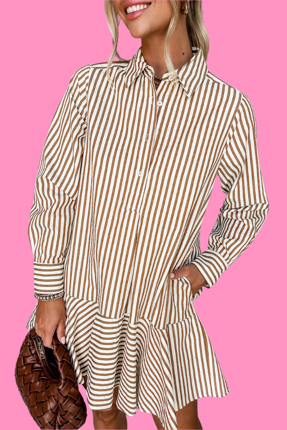 Brown Stripe Ruffle Hem Collared Dress