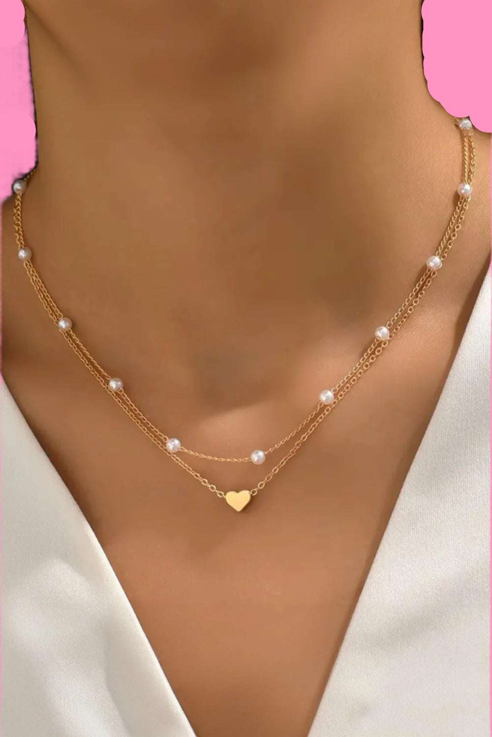 Gold Pearl Heart Chain Necklace