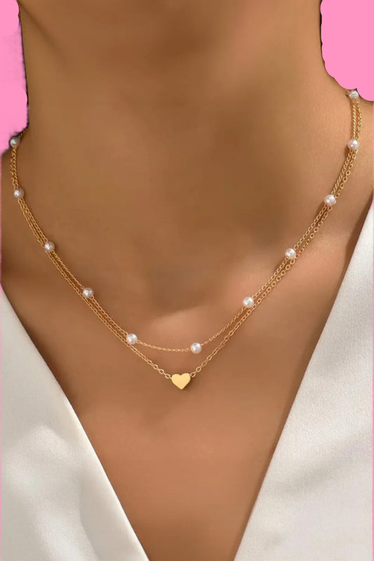 Gold Pearl Heart Chain Necklace