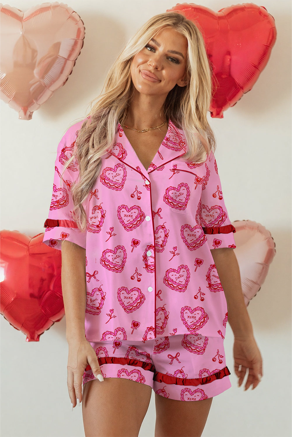 Pink Sweet Heart Ruffle Trim Valentines 2pcs Pajama Set