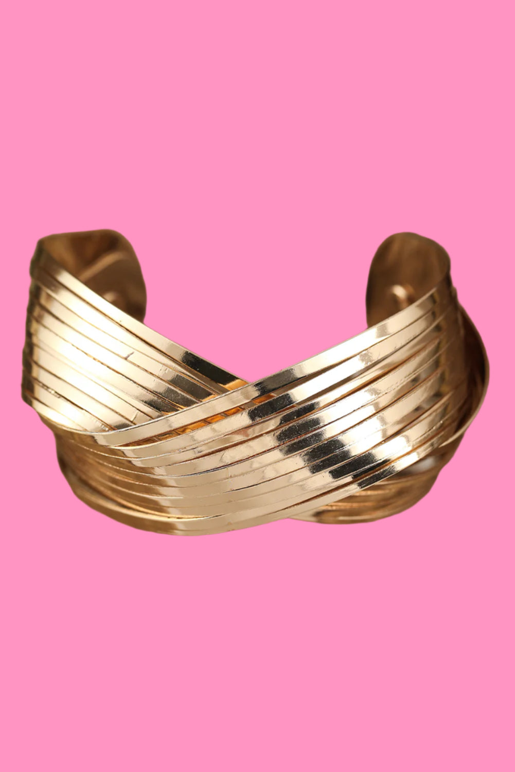 Gold Textured Crossover Metal Cuff Wide Bracelet