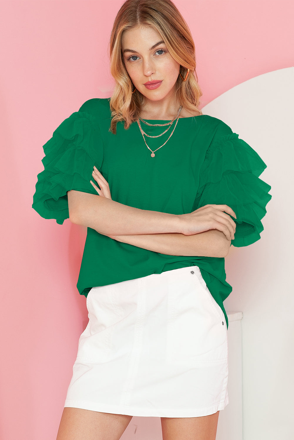 Round Neck Ruffle Sleeve Blouse