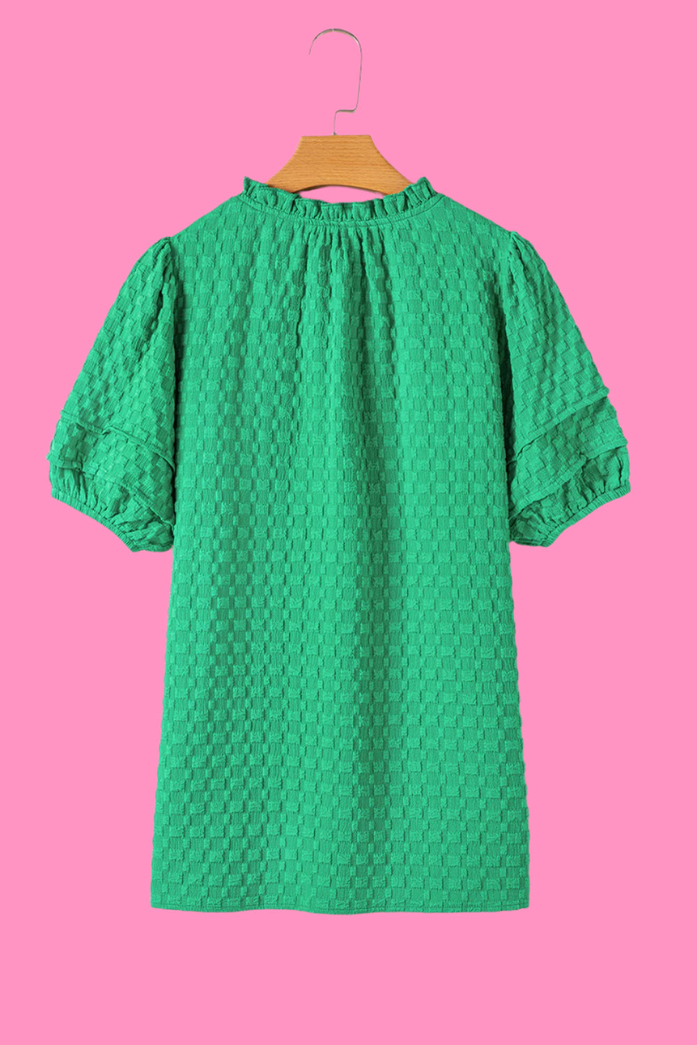 Bright Green Textured Puff Short Sleeve Notched V Neck Top