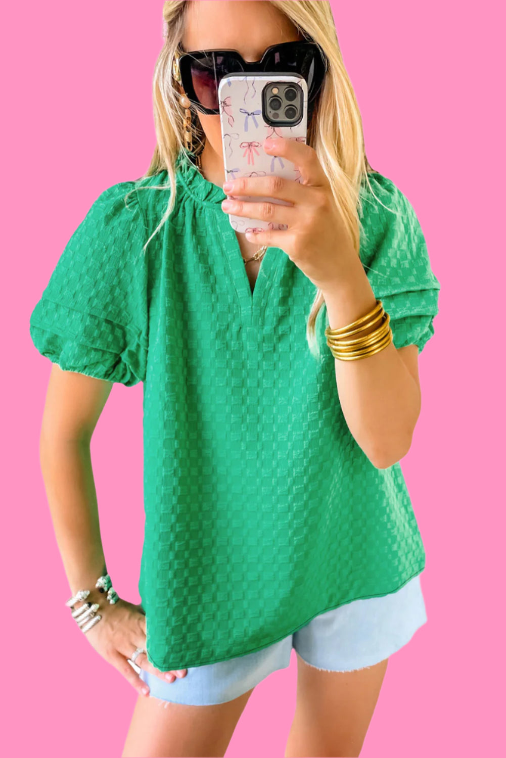 Bright Green Textured Puff Short Sleeve Notched V Neck Top