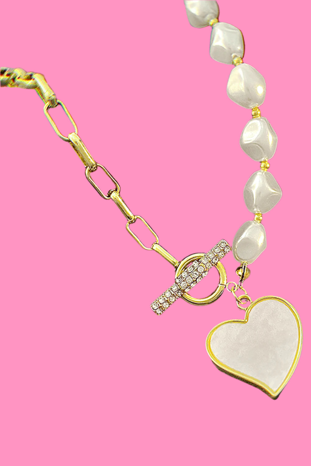 Gold Heart Shape Pendant Rhinestone Pearl Chain Necklace