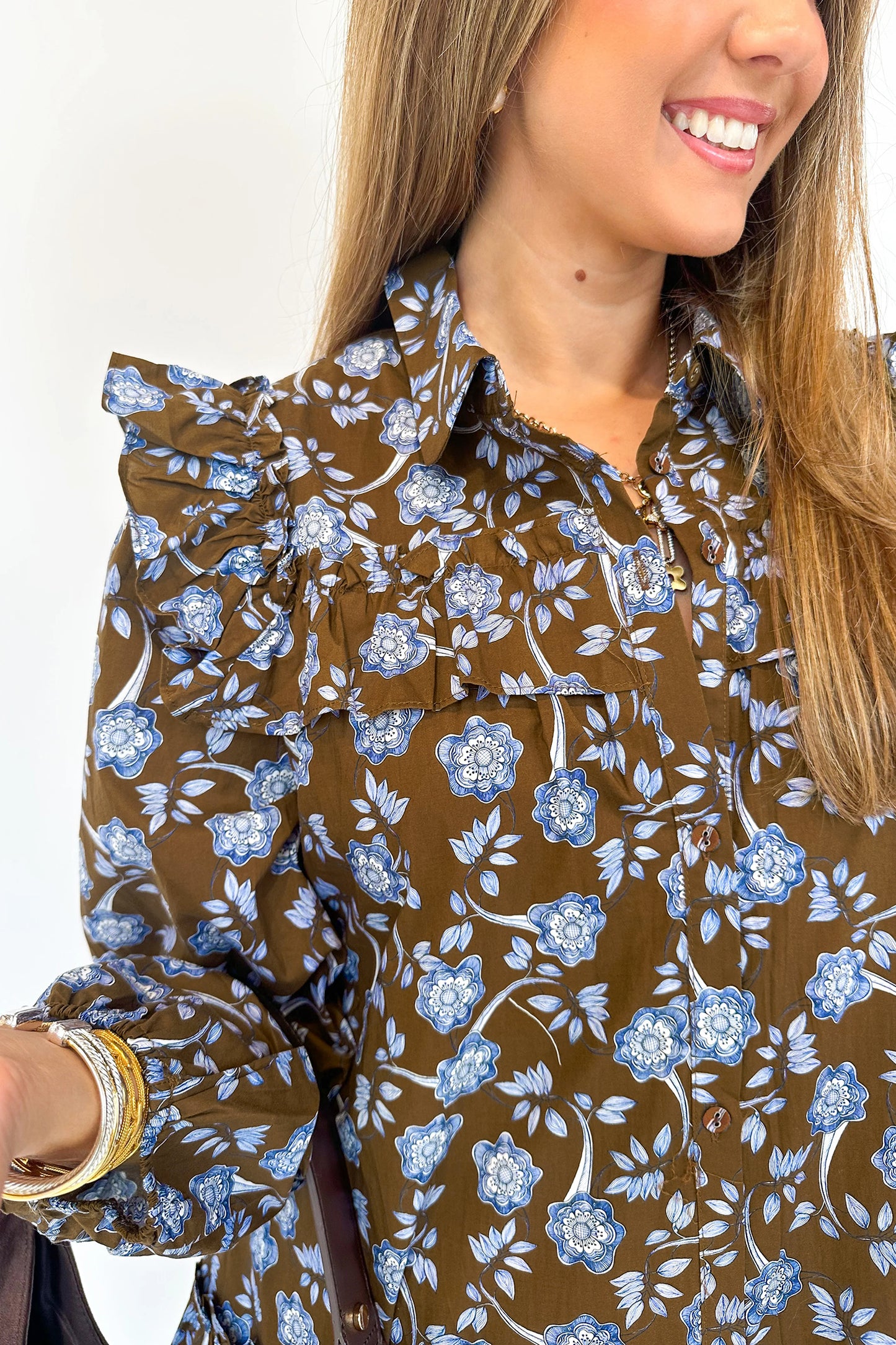 Brown Floral Print Ruffled Long Sleeve Dress