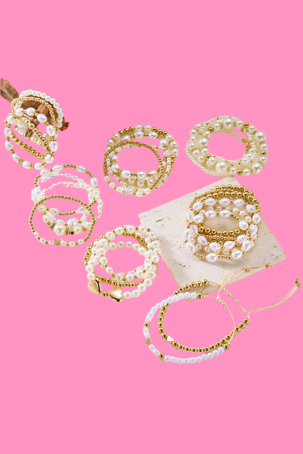 Gold Pearl Stackable Heart Beaded Bracelet Set