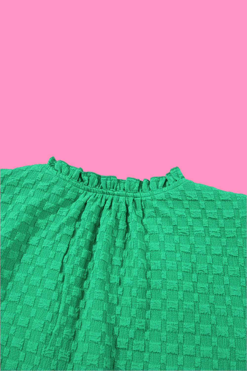 Bright Green Textured Puff Short Sleeve Notched V Neck Top
