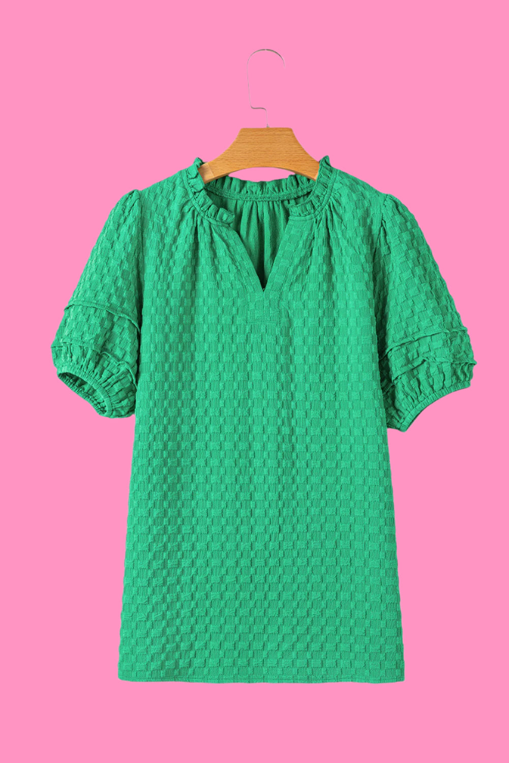 Bright Green Textured Puff Short Sleeve Notched V Neck Top